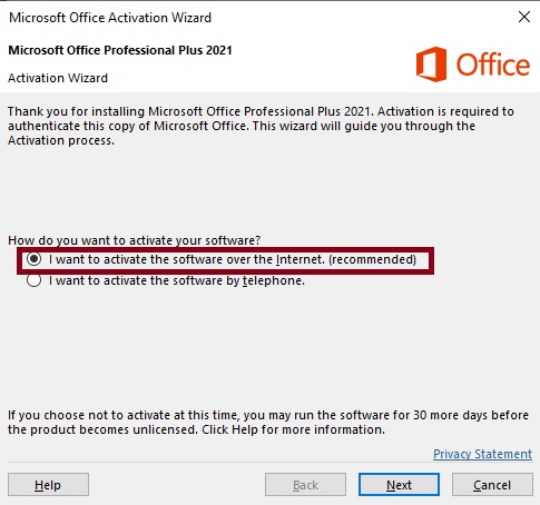 Microsoft Office Telephone Activation Window